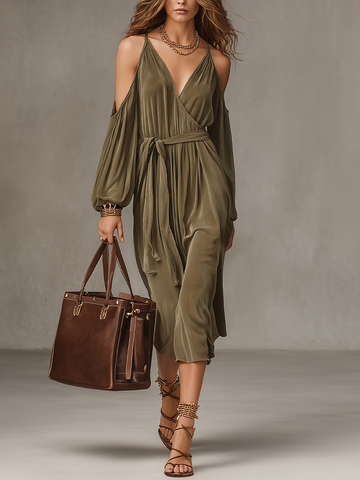 Bohemian Cold-Shoulder Satin Midi Dress