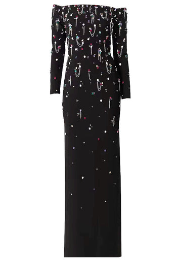 Long Sleeve Crystal Chain Maxi Dress Black