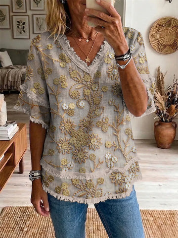 Ethnicity Flowers Texture Geometry Women's Art Casual Patchwork V Collar Shirt