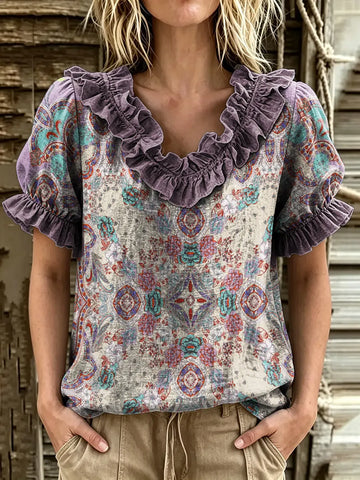 Women's Vintage Paisley Floral Print Ruffle V-Neck Puff Sleeve Blouse
