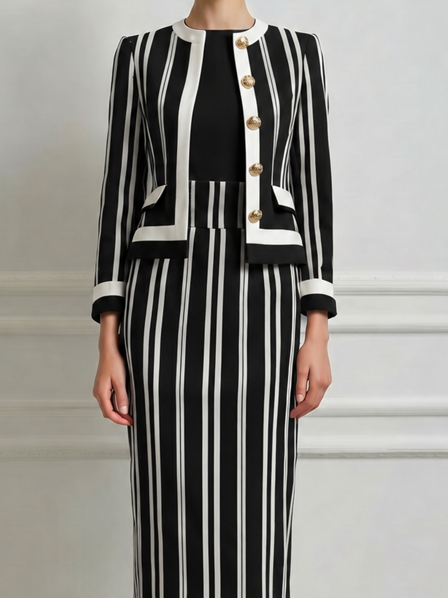 Black White Vertical Stripe Round Neck Gold Button Tailored Jacket & Pencil Skirt Two-Piece Suit Set