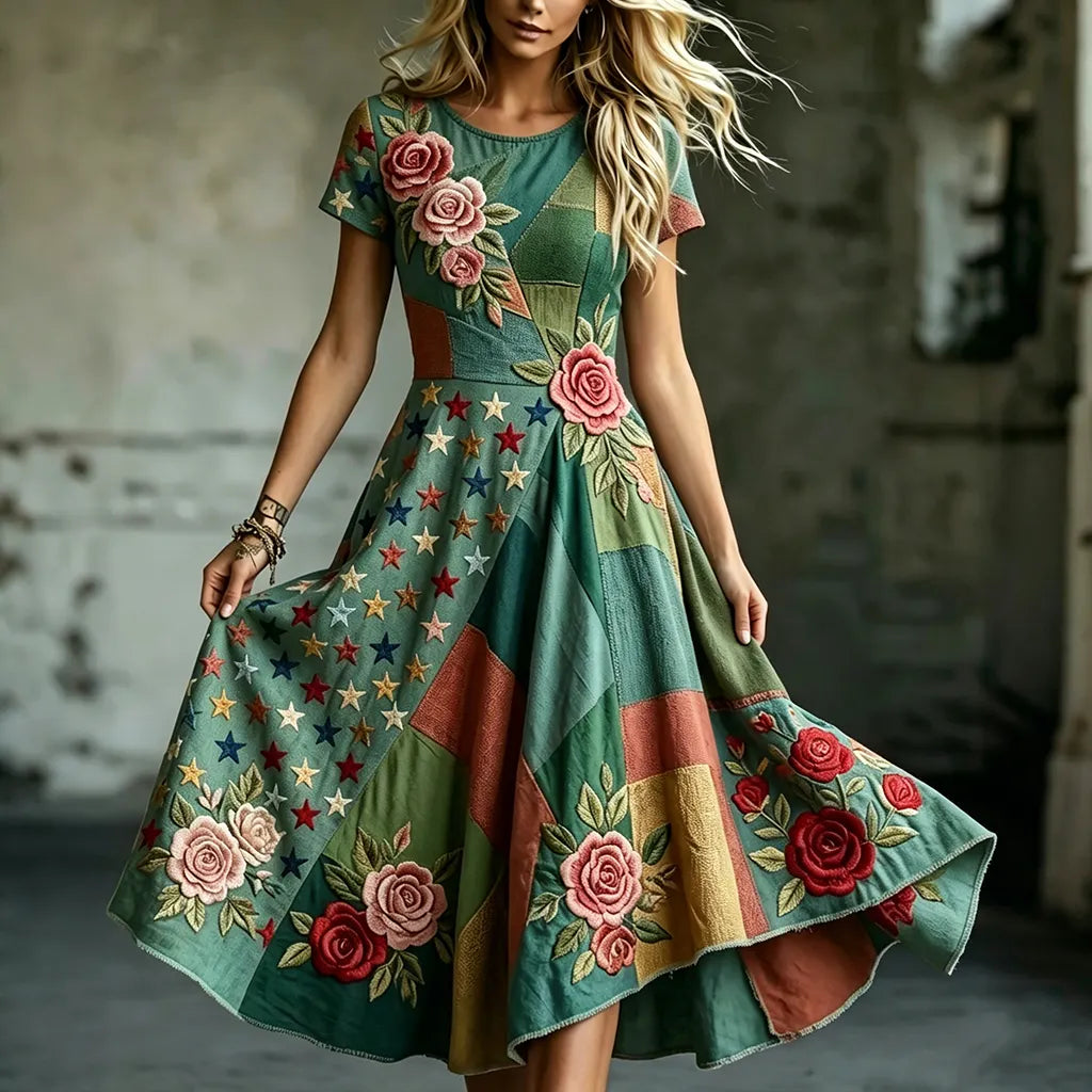 Women's Retro Bohemian Rose Irregular Casual Round Neck Dress