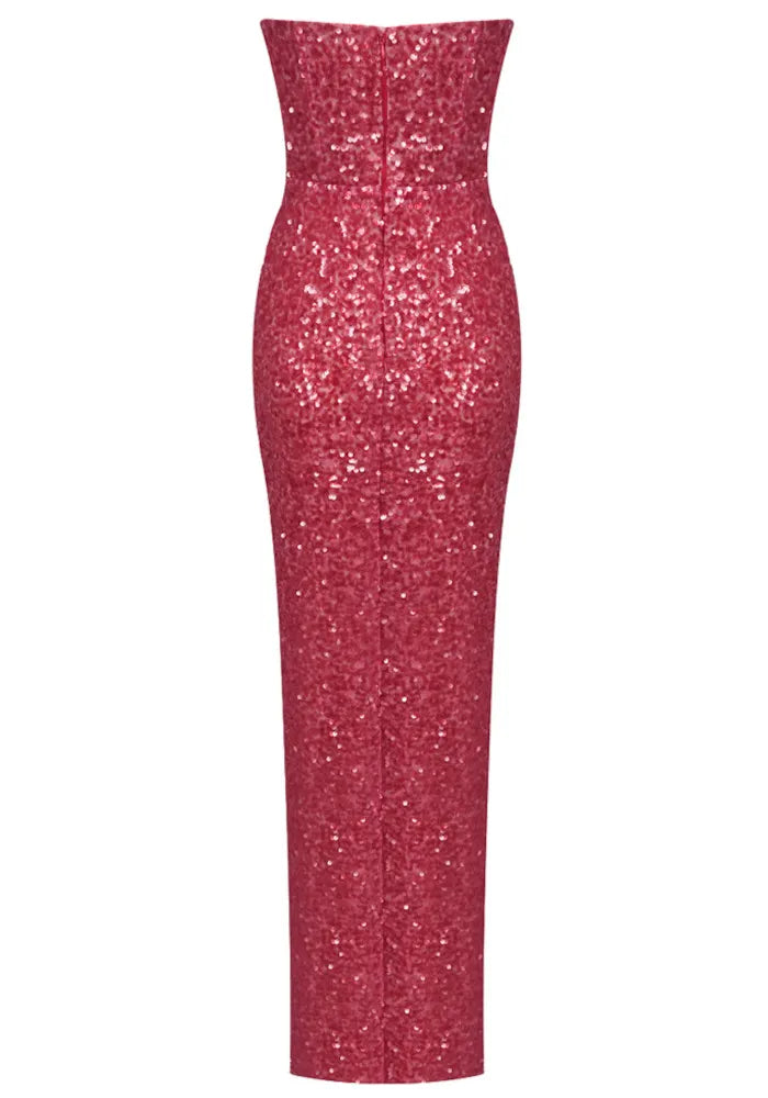 Strapless Crystal Sequin Maxi Dress Watermelon