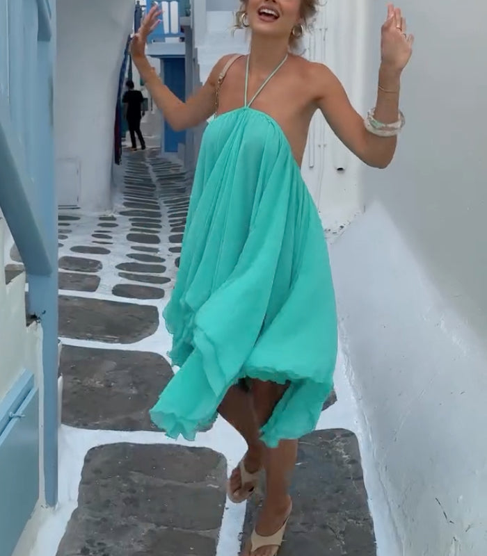 Turquoise Halter Flowy Ruffle Mini Chiffon Dress