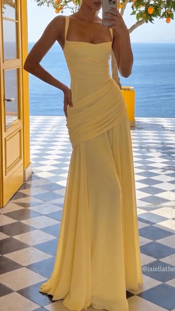Yellow Square Neck Ruched Maxi Chiffon Gown  ### Product Title