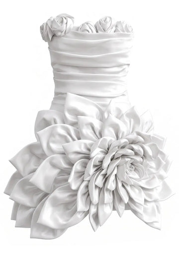 Strapless Floral Draped Dress White