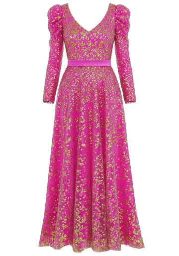 Long Sleeve Sequin A Line Maxi Dress Hot Pink