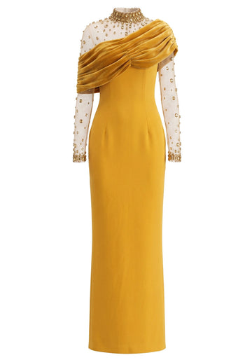 Crystal Long Sleeve Draped Maxi Dress Amber