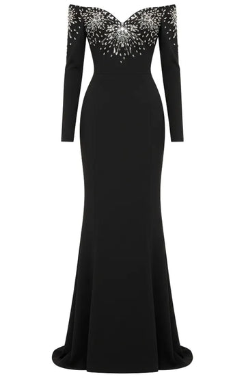 Long Sleeve Bardot Crystal Detail Maxi Dress Black