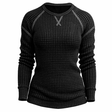 Women's Vintage Black Waffle Knit Crewneck Long Sleeve Sweatshirt