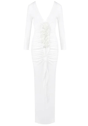 Long Sleeve Floral Ruched Maxi Dress White