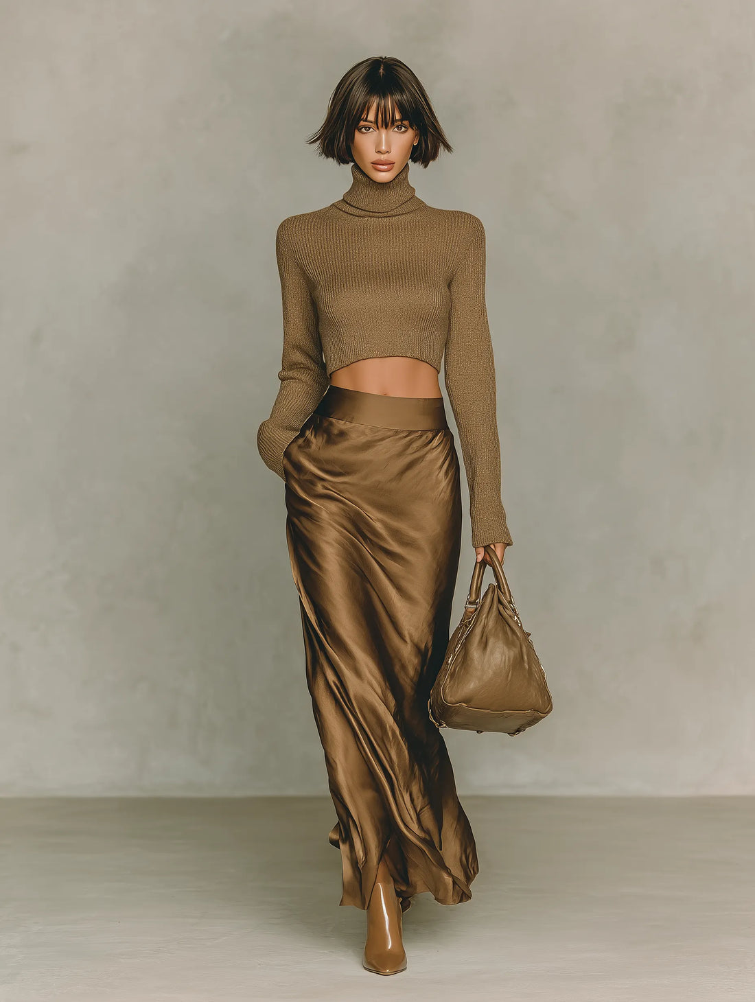 Women's Fashionable Gold-brown Turtleneck Long-sleeved Knit Top MDA2260L4AN