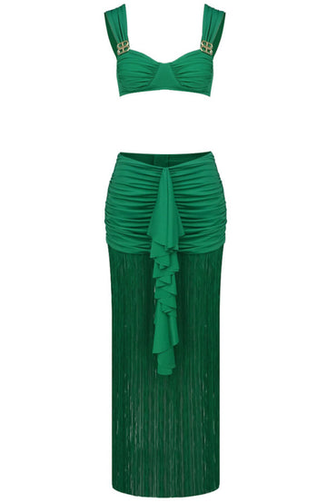 Draped Ruffle Tassel Two Piece Maxi Dress Green