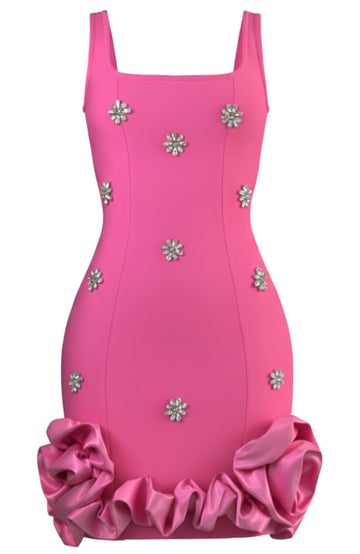 Crystal Embellished Floral Bubble Detail Dress Hot Pink
