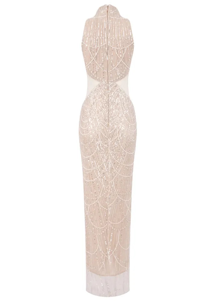 Halter Pearl Sequin Maxi Dress Nude