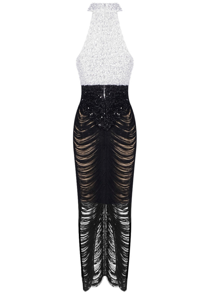 Pearl Sequin Tassel Maxi Dress White Black