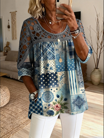 Women's Retro Ethnic Art Print Casual Three-quarter Sleeve Round Neck Hollow-out Top