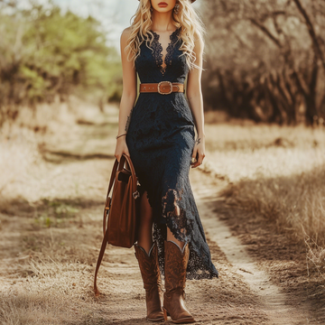 Vintage Bohemian Blue Lace Sleeveless Midi Dress