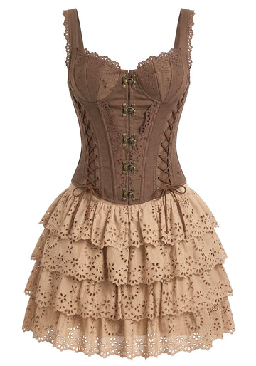 Corset Lace Rufle Dress Brown