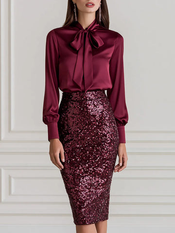 Satin Bow Blouse & Sequin Pencil Midi Skirt Two Piece Set