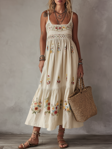 Ivory White Floral Embroidered Bohemian Maxi Dress With Thin Straps