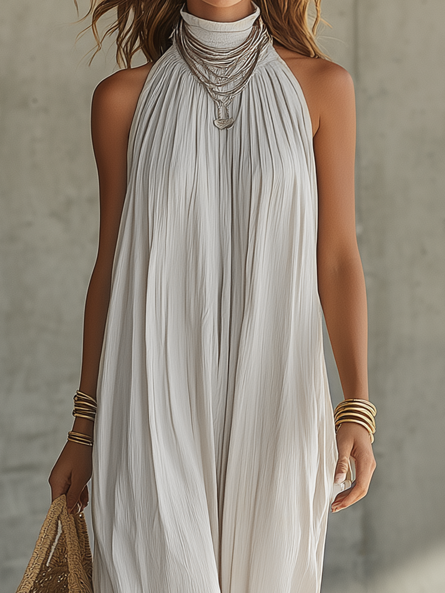 Flowy Halter Neck Pleated Maxi Dress