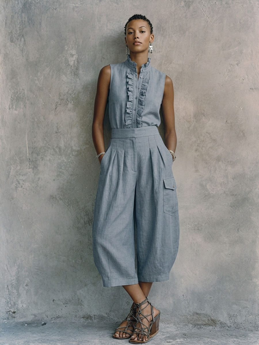 Women's Casual Gray-Blue Cotton Linen Stand-Up Collar Ruffled Button Design Fitted Waist Cropped Wide-Leg Jumpsuit MDZ2465D3GMJ