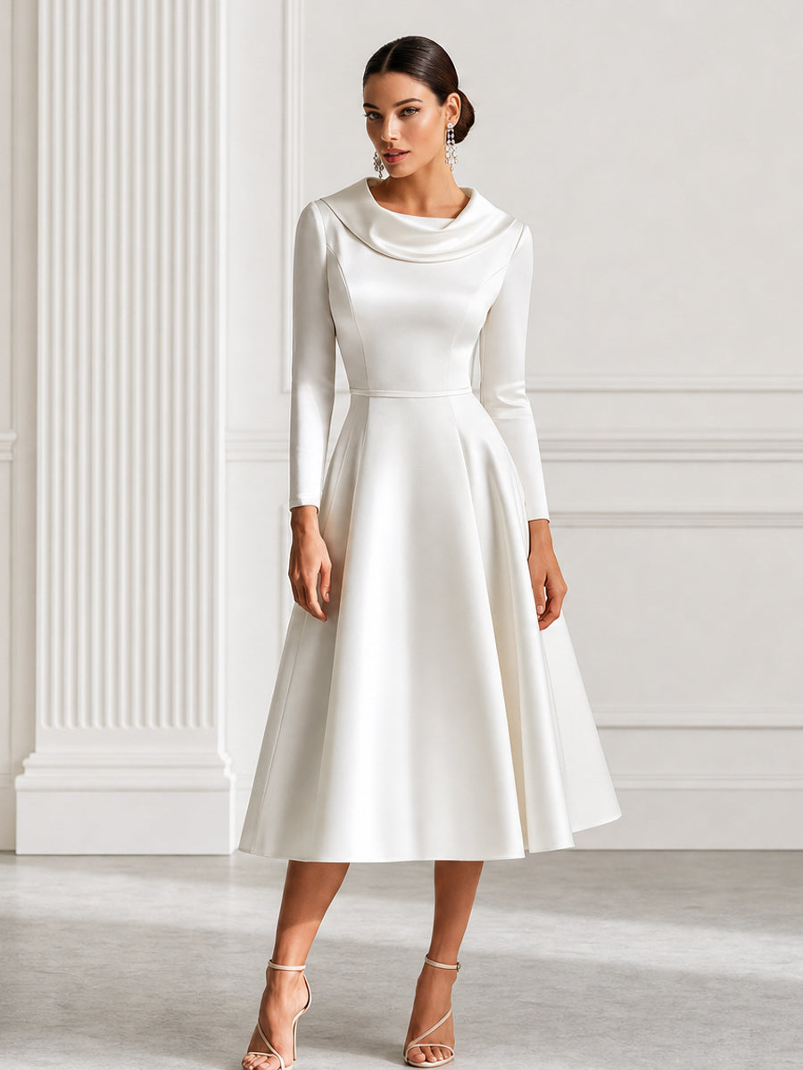 Cowl Neck Satin A Line Midi Wedding Guest Dress