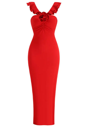 Ruffle Floral Maxi Dress Red
