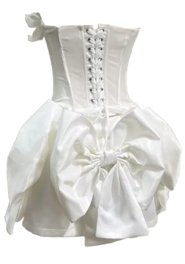 Strapless Floral Bow Corset Two Piece Dress White