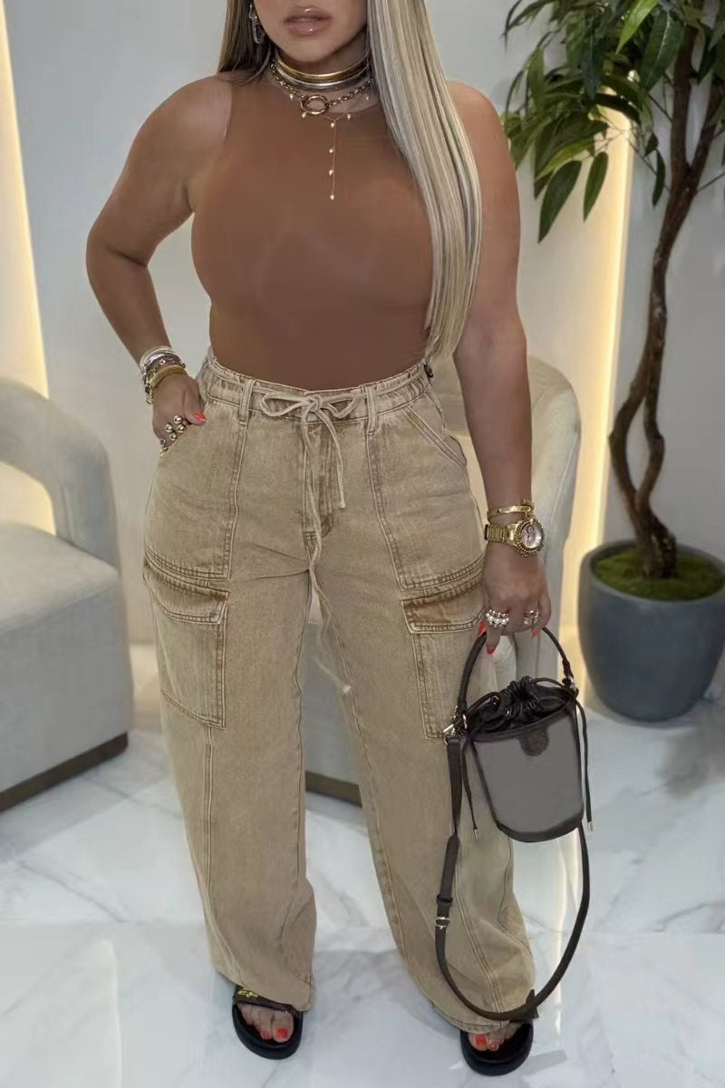 Women's Drawstring Wide-Leg Cargo Jeans