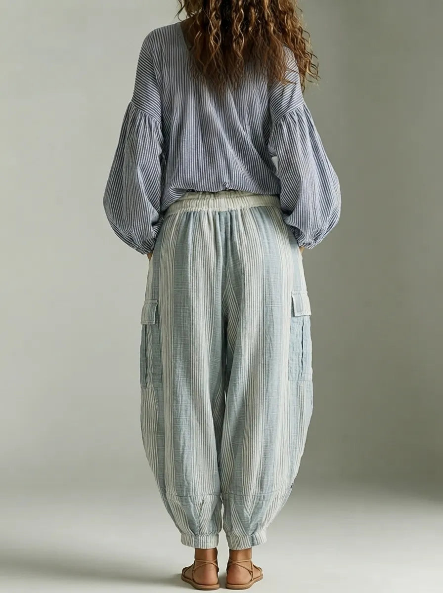 Bohemian Striped Lantern-Sleeve Top and Lantern Pants Two-Piece Set