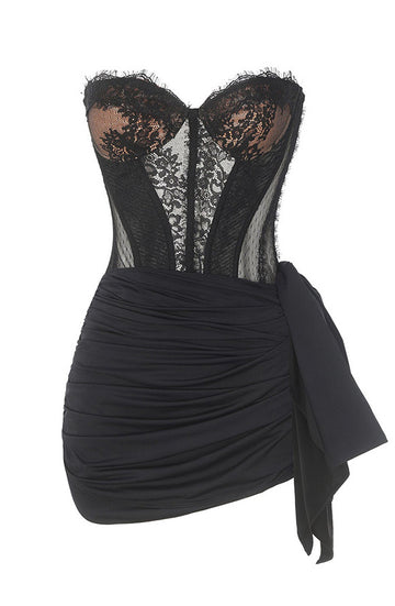 Strapless Lace Corset Draped Dress Black