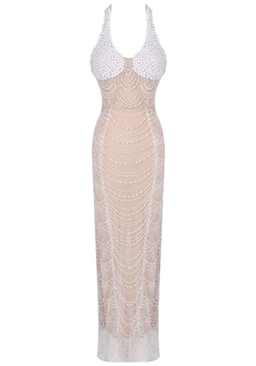 Halter Pearl Maxi Dress Nude