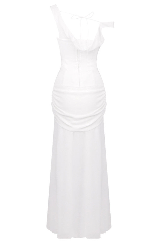 One Shoulder Corset Draped Maxi Dress White