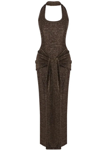 Halter Sparkly Maxi Dress Brown