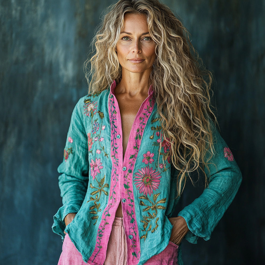 Women's Linen Bohemian Flower Print Long-sleeved Shirt