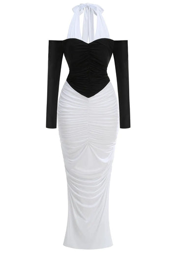 Halter Long Sleeve Draped Maxi Dress Black White