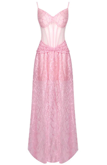 Sequin Structured Bustier A Line Maxi Dress Pink