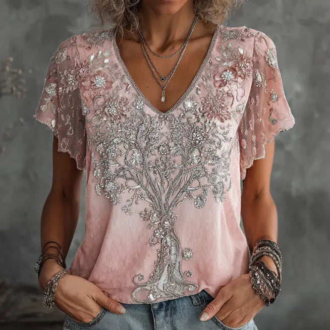 Women's Bohemian Tree Of Life Printed Cotton And Linen Comfortable V-neck T-shirt