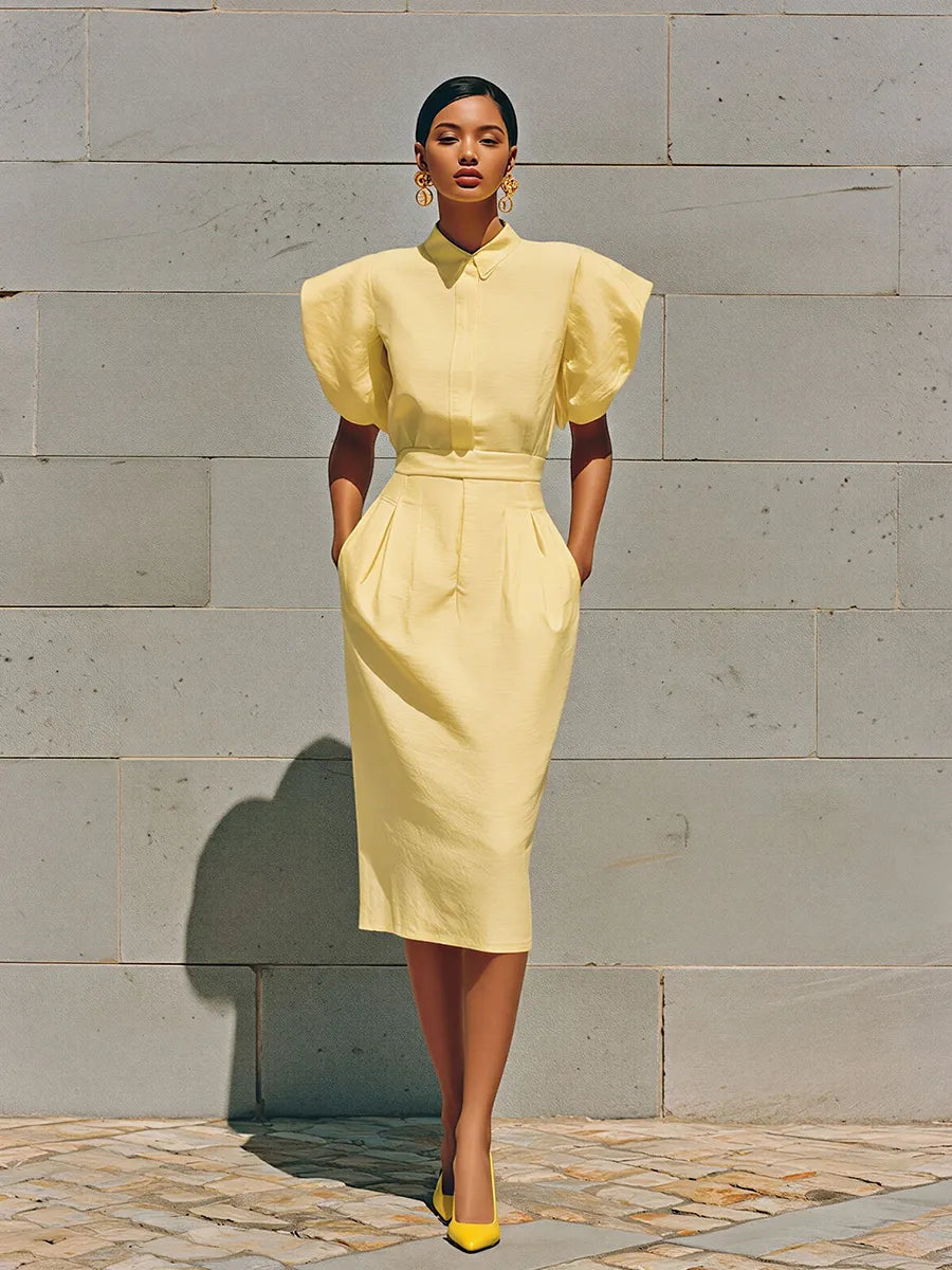 Women's Yellow Linen-Blend Puff Sleeve Shirt Dress With Tailored Waist & Pockets, Timeless Modern-Chic Style Dress MDZ2030D7LYL