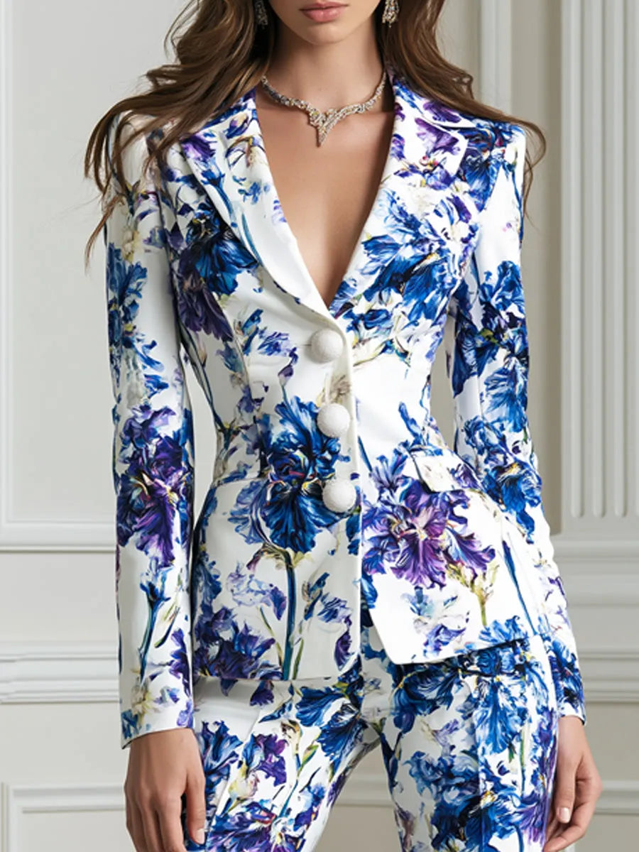 Iris Printed Fitted Blazer & Flared Pants Suit Set