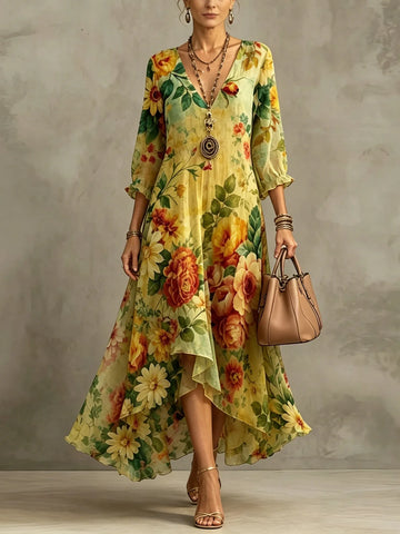 Elegant Floral Print V-neck Asymmetrical Maxi Dress