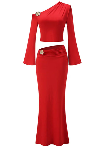 Long Sleeve Bardot Two Piece Maxi Dress Red
