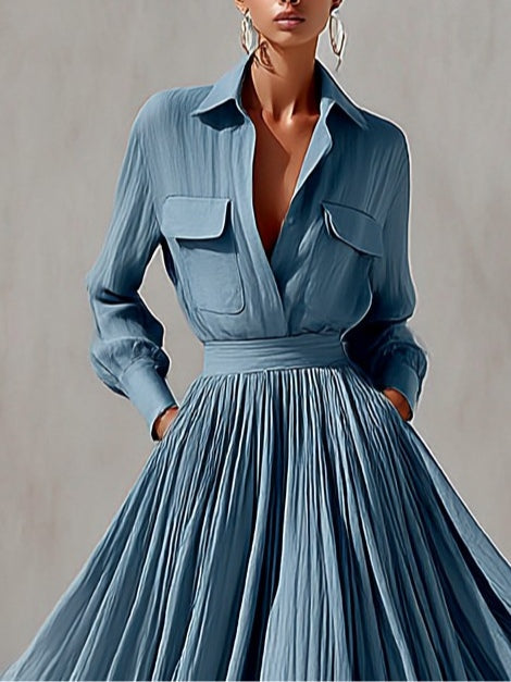 Resort-style blue collared shirt and maxi skirt set