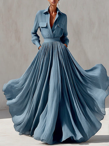 Resort-style blue collared shirt and maxi skirt set