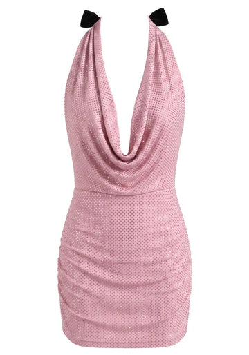 Embellished Draped Bow Detail Dress Pink