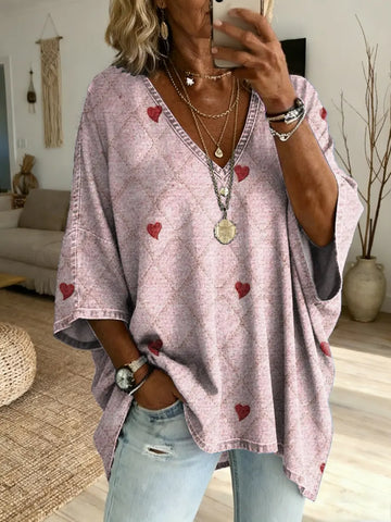 Women's Vintage Heart Art Print Casual Washed Cotton Denim Top