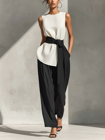 Women's White Sleeveless Top & Black Wide-Leg Pants Two-Piece Set With Contrast Belt MDZ1126B4T