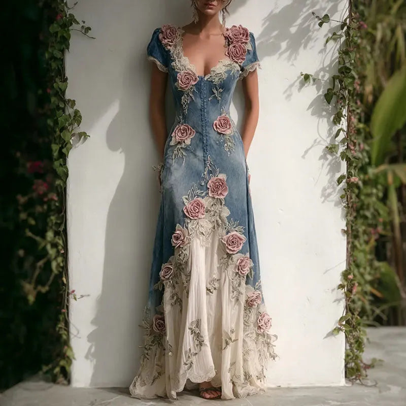 Women's Vintage Elegant Roses Embroidered Art Patchwork V Neck Short Sleeve Maxi Dress